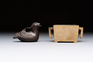 A Chinese mandarin duck-form water dropper, a hand warmer and a bronze censer, Zhen Wan 珍玩 and Zhang Mingqi Zhi 張鳴歧製 mark, 19th C.