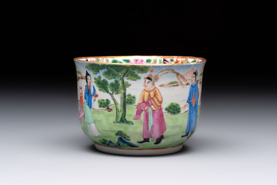A rare Chinese Canton famille rose inscribed cup and saucer, Daoguang mark and of the period