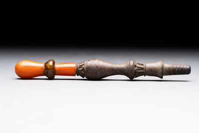 An Ottoman white-metal and Tophane pottery-mounted cut-crystal hookah, with three hose tubes and three amber-mounted mouthpieces, Turkey, 19th C.