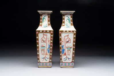 A pair of Chinese famille rose relief-moulded rectangular 'antiquities' vases, 19th C.