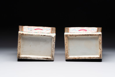 A pair of Chinese famille rose relief-moulded rectangular 'antiquities' vases, 19th C.