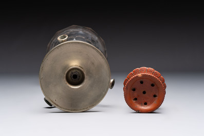 An Ottoman white-metal and Tophane pottery-mounted cut-crystal hookah, with three hose tubes and three amber-mounted mouthpieces, Turkey, 19th C.
