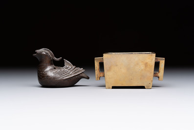 A Chinese mandarin duck-form water dropper, a hand warmer and a bronze censer, Zhen Wan 珍玩 and Zhang Mingqi Zhi 張鳴歧製 mark, 19th C.
