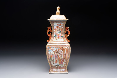 A Chinese Canton gilt-decorated famille rose covered vase with mandarin design, Qianlong