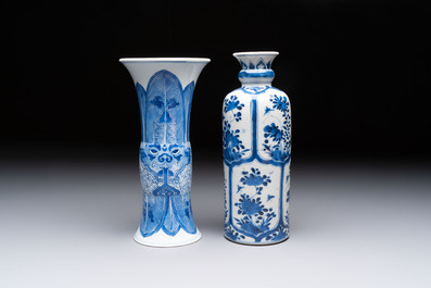 Three Chinese blue and white vases, one with wooden cover, Kangxi