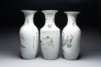 Three Chinese famille rose vases and a plaque-mounted stool, signed Mao Zirong 毛子榮, Yang Qingshan 楊青山 and Liu Jishun 劉吉順, 19/20th C.