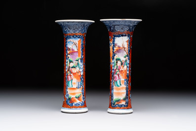 A Chinese famille rose garniture of five 'mandarin subject' vases, Qianlong
