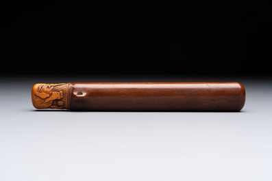 Nine various Japanese netsuke, an inro, a tsuba, a yatate, a bamboo kiseruzutsu and a covered bronze box, Edo/Meiji, 19th C.