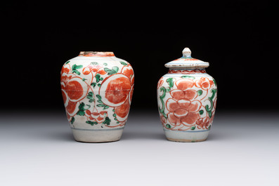 Five Chinese wucai 'Buddhist lion' and 'peony scroll' jars, Transitional period