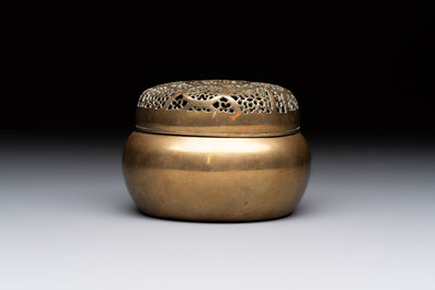 A Chinese mandarin duck-form water dropper, a hand warmer and a bronze censer, Zhen Wan 珍玩 and Zhang Mingqi Zhi 張鳴歧製 mark, 19th C.
