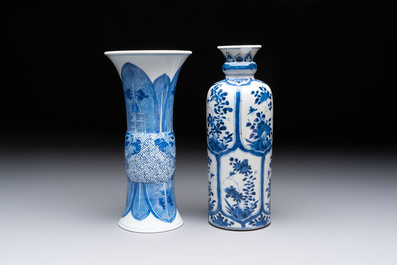 Three Chinese blue and white vases, one with wooden cover, Kangxi