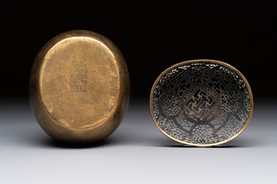 A Chinese mandarin duck-form water dropper, a hand warmer and a bronze censer, Zhen Wan 珍玩 and Zhang Mingqi Zhi 張鳴歧製 mark, 19th C.