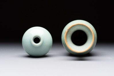A Chinese flamb&eacute;-glazed cylindrical jardini&egrave;re and two celadon-glazed vases, 19th C.