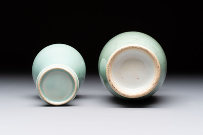 A Chinese flamb&eacute;-glazed cylindrical jardini&egrave;re and two celadon-glazed vases, 19th C.