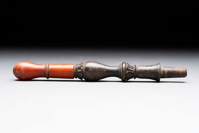 An Ottoman white-metal and Tophane pottery-mounted cut-crystal hookah, with three hose tubes and three amber-mounted mouthpieces, Turkey, 19th C.