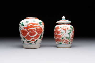 Five Chinese wucai 'Buddhist lion' and 'peony scroll' jars, Transitional period