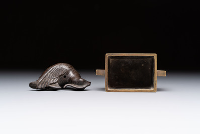 A Chinese mandarin duck-form water dropper, a hand warmer and a bronze censer, Zhen Wan 珍玩 and Zhang Mingqi Zhi 張鳴歧製 mark, 19th C.