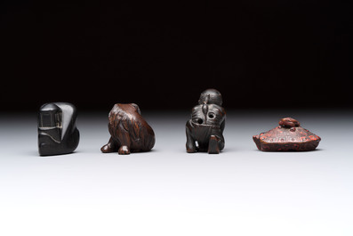Nine various Japanese netsuke, an inro, a tsuba, a yatate, a bamboo kiseruzutsu and a covered bronze box, Edo/Meiji, 19th C.