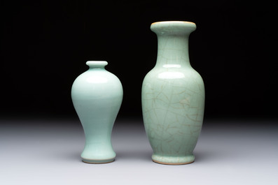 A Chinese flamb&eacute;-glazed cylindrical jardini&egrave;re and two celadon-glazed vases, 19th C.