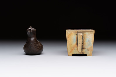 A Chinese mandarin duck-form water dropper, a hand warmer and a bronze censer, Zhen Wan 珍玩 and Zhang Mingqi Zhi 張鳴歧製 mark, 19th C.