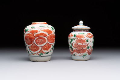 Five Chinese wucai 'Buddhist lion' and 'peony scroll' jars, Transitional period