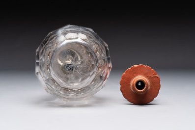 An Ottoman white-metal and Tophane pottery-mounted cut-crystal hookah, with three hose tubes and three amber-mounted mouthpieces, Turkey, 19th C.