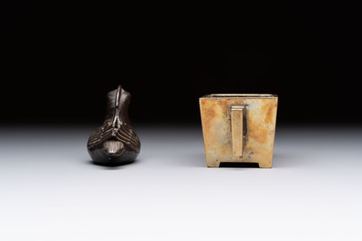 A Chinese mandarin duck-form water dropper, a hand warmer and a bronze censer, Zhen Wan 珍玩 and Zhang Mingqi Zhi 張鳴歧製 mark, 19th C.