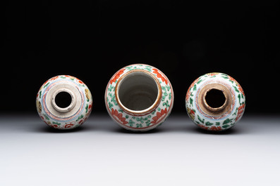 Five Chinese wucai 'Buddhist lion' and 'peony scroll' jars, Transitional period