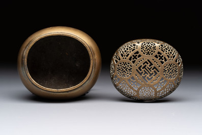A Chinese mandarin duck-form water dropper, a hand warmer and a bronze censer, Zhen Wan 珍玩 and Zhang Mingqi Zhi 張鳴歧製 mark, 19th C.