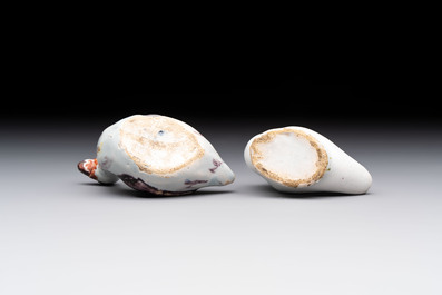 A pair of polychrome Dutch Delft miniature models of squirrels, a duck and a swan, 18th C.