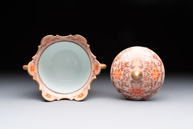 A Chinese famille rose two-handled bowl and cover, Qianlong mark, Republic