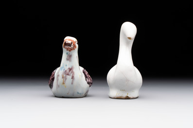 A pair of polychrome Dutch Delft miniature models of squirrels, a duck and a swan, 18th C.