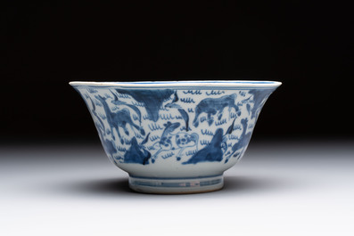 Two Chinese blue and white vases after Venetian glass models and a 'horses' bowl, Kangxi