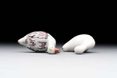 A pair of polychrome Dutch Delft miniature models of squirrels, a duck and a swan, 18th C.