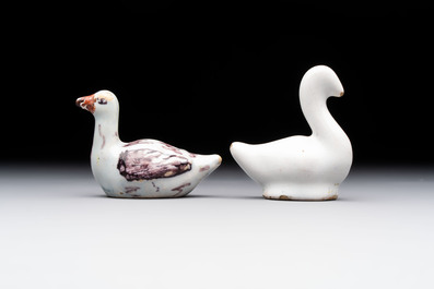 A pair of polychrome Dutch Delft miniature models of squirrels, a duck and a swan, 18th C.