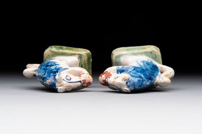 A pair of polychrome Dutch Delft miniature models of squirrels, a duck and a swan, 18th C.