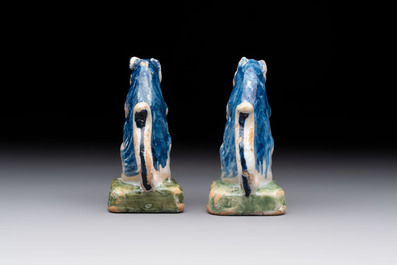 A pair of polychrome Dutch Delft miniature models of squirrels, a duck and a swan, 18th C.