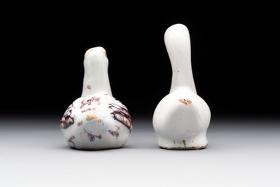 A pair of polychrome Dutch Delft miniature models of squirrels, a duck and a swan, 18th C.