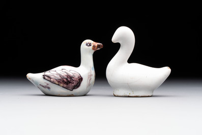A pair of polychrome Dutch Delft miniature models of squirrels, a duck and a swan, 18th C.