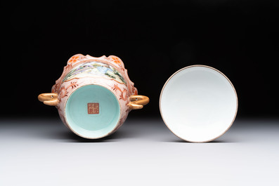 A Chinese famille rose two-handled bowl and cover, Qianlong mark, Republic