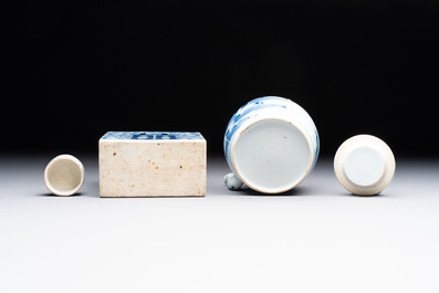 A Chinese blue and white 'prunus on cracked ice' jar, a tea caddy, a covered teapot, and four famille rose cups, 19th C.