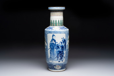 A Chinese blue, white and famille verte rouleau vase with figural and peacock design, Qianlong mark, 19th C.
