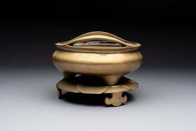 A large Chinese bronze tripod censer on stand, Wu Chen Mi Sheng Tang 戊辰米生堂 mark, dated 1868