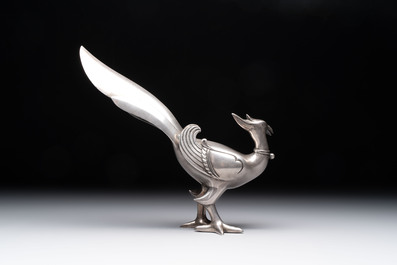 A fine Japanese silver phoenix, made by Toshihiko 敏彥造, silver 銀製 mark, Meiji/Taisho, 19/20th C.