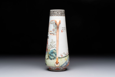 A Chinese famille rose vase with ladies in a garden, Qianlong mark, 19/20th C.