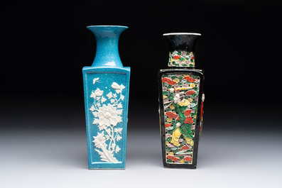 A Chinese robin's egg-glazed vase with relief floral design and a famille noire 'Four Heavenly Kings' vase, 19th C.