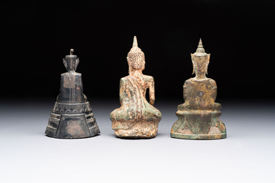 A Thai silver Buddha and two Burmese bronze Buddhas, 16/19th C.