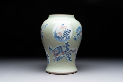 A Chinese blue, white and copper-red celadon-ground 'dragon and phoenix' vase, Kangxi
