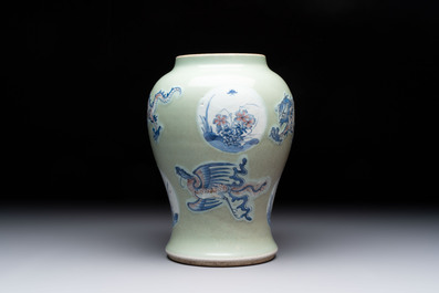 A Chinese blue, white and copper-red celadon-ground 'dragon and phoenix' vase, Kangxi