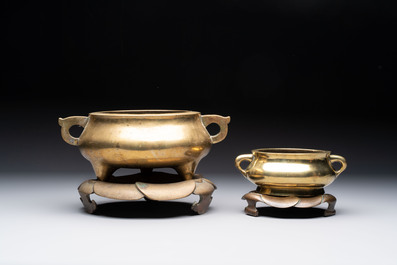 Two Chinese bronze censers and stands, Xuande mark, 19th C.